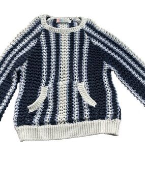 Free People Navy and Cream Striped Open-Knit Crew Sweater